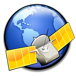 Logo of the RSS reader software NetNewsWire. There's a satellite hovering over Earth in space with golden yellow solar panels, a silver dish and a silver body. Earth has blue water and lighter blue continents with a semitransparent black border around the globe.