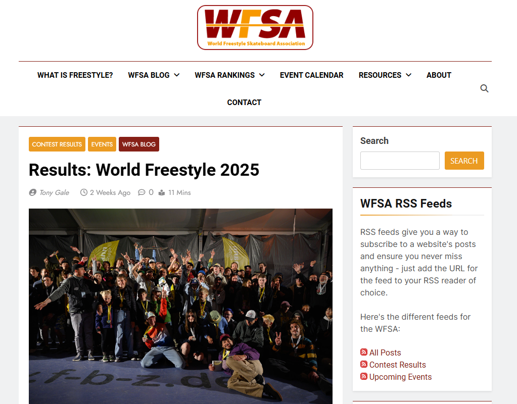 Screen capture of an article on the World Freestyle Skateboarding Association website. The sidebar links to three of its RSS feeds and contains this text: WFSA RSS Feeds: RSS feeds give you a way to subscribe to a website's posts and ensure you never miss anything -- just add the URL for the feed to your RSS reader of choice. Here's the different feeds for the WFSA: All Posts Contest Results Upcoming Events
