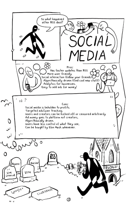 Page 8 of RSS is (Not) Dead Yet, a fanzine by Audra McNamee and Allia Service. In panel one Ned says, 'So what happened after RSS died?